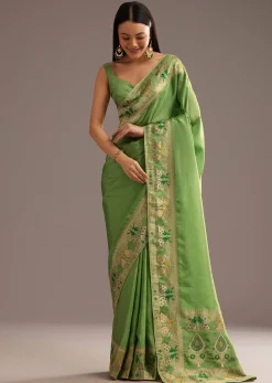 Parrot Green Crepe Silk Saree With Chanderi Zari Work