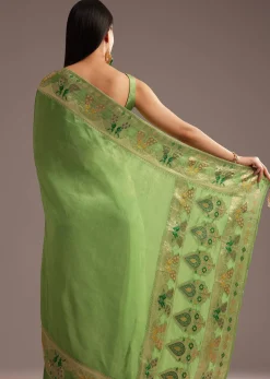 Parrot Green Crepe Silk Saree With Chanderi Zari Work