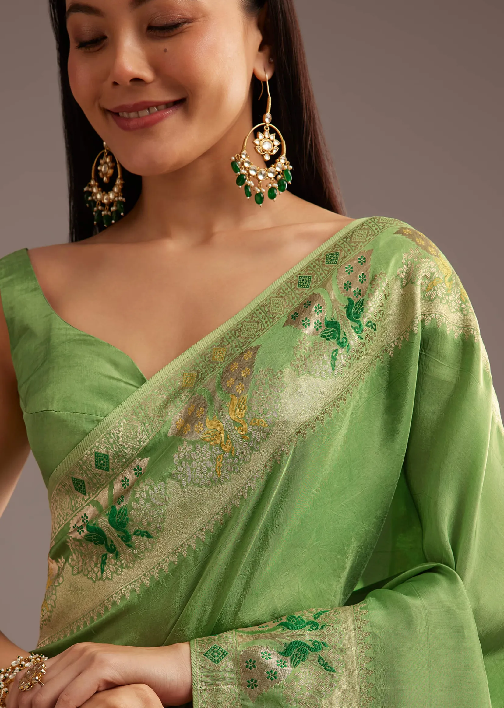 Parrot Green Crepe Silk Saree With Chanderi Zari Work