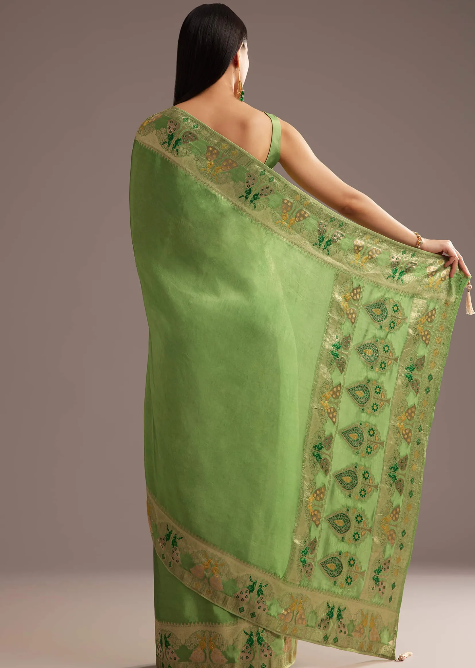 Parrot Green Crepe Silk Saree With Chanderi Zari Work