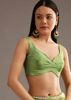 Parrot Green Crepe Silk Saree With Chanderi Zari Work