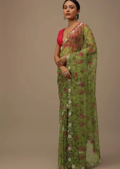 Parrot Green Cutdana Embroidered Saree In Organza With Floral Print