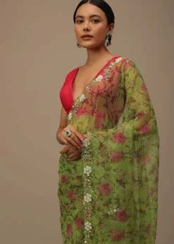 Parrot Green Cutdana Embroidered Saree In Organza With Floral Print