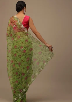 Parrot Green Cutdana Embroidered Saree In Organza With Floral Print