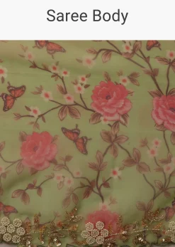 Parrot Green Cutdana Embroidered Saree In Organza With Floral Print