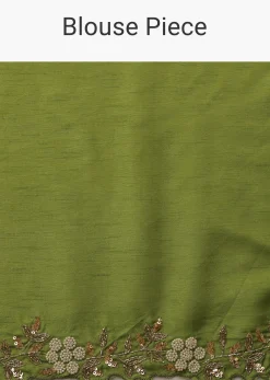 Parrot Green Cutdana Embroidered Saree In Organza With Floral Print