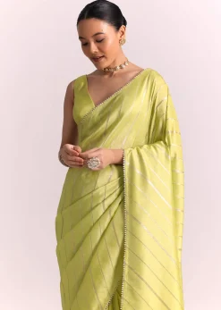 Parrot Green Dola Silk Embroidered Saree With Gotta Patti Border