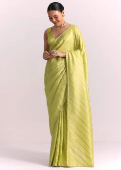 Parrot Green Dola Silk Embroidered Saree With Gotta Patti Border