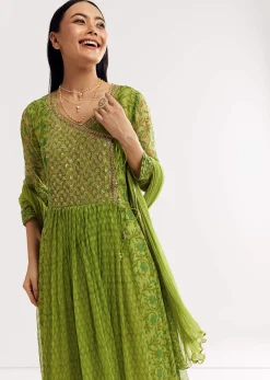 Parrot Green Floral Chiffon Anarkali Kurta Set With Dupatta