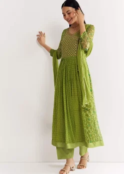 Parrot Green Floral Chiffon Anarkali Kurta Set With Dupatta