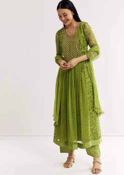 Parrot Green Floral Chiffon Anarkali Kurta Set With Dupatta