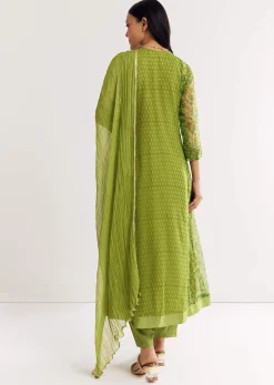 Parrot Green Floral Chiffon Anarkali Kurta Set With Dupatta