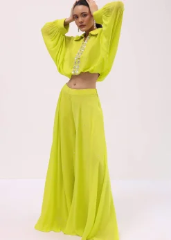 Parrot Green Georgette Crop Top And Palazzo
