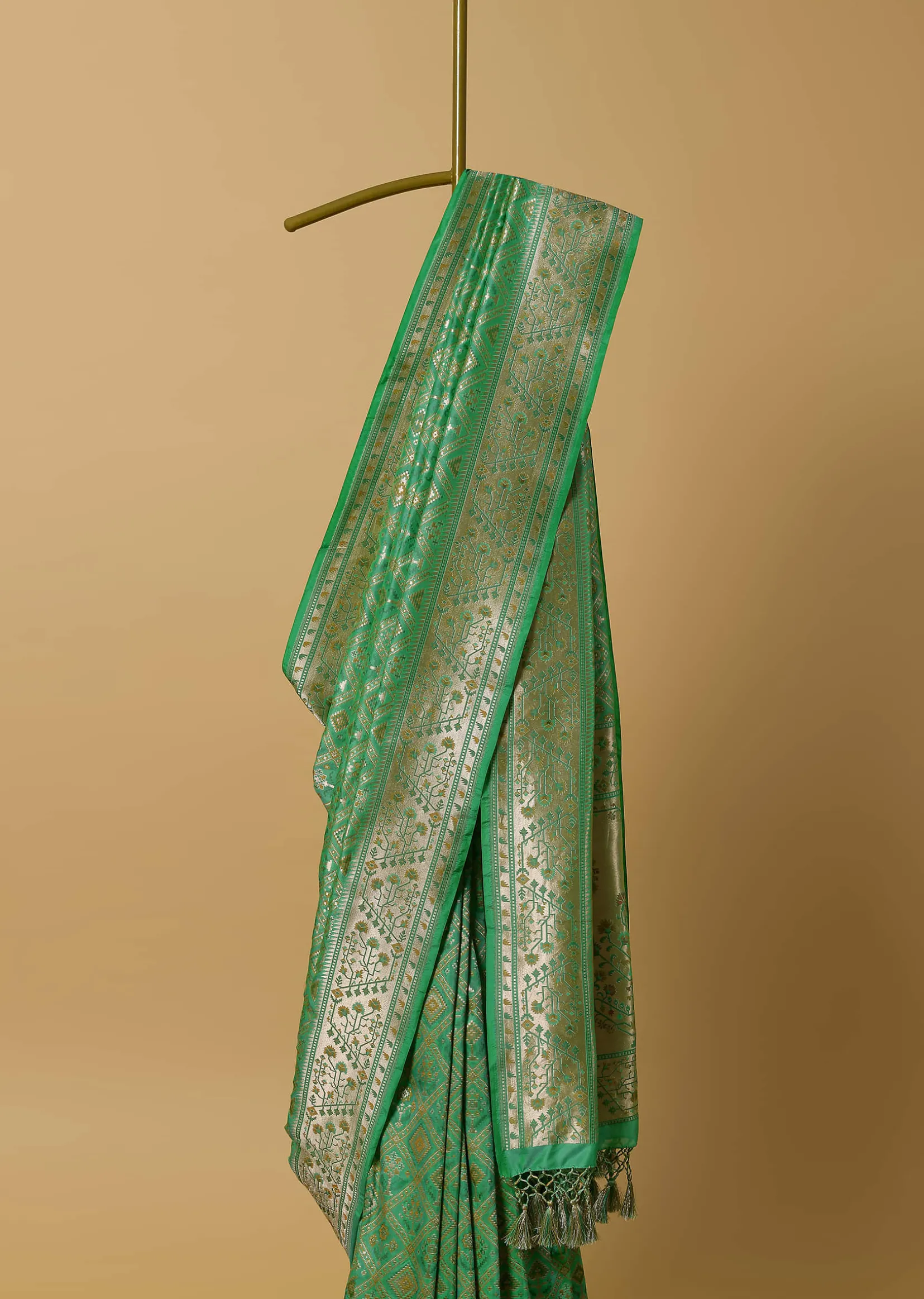 Parrot Green Katan Silk Banarasi Ikat Patola Weave Saree With Unstitched Blouse Piece