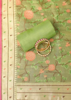Parrot Green Paithani Silk Dress Material