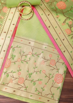 Parrot Green Paithani Silk Dress Material