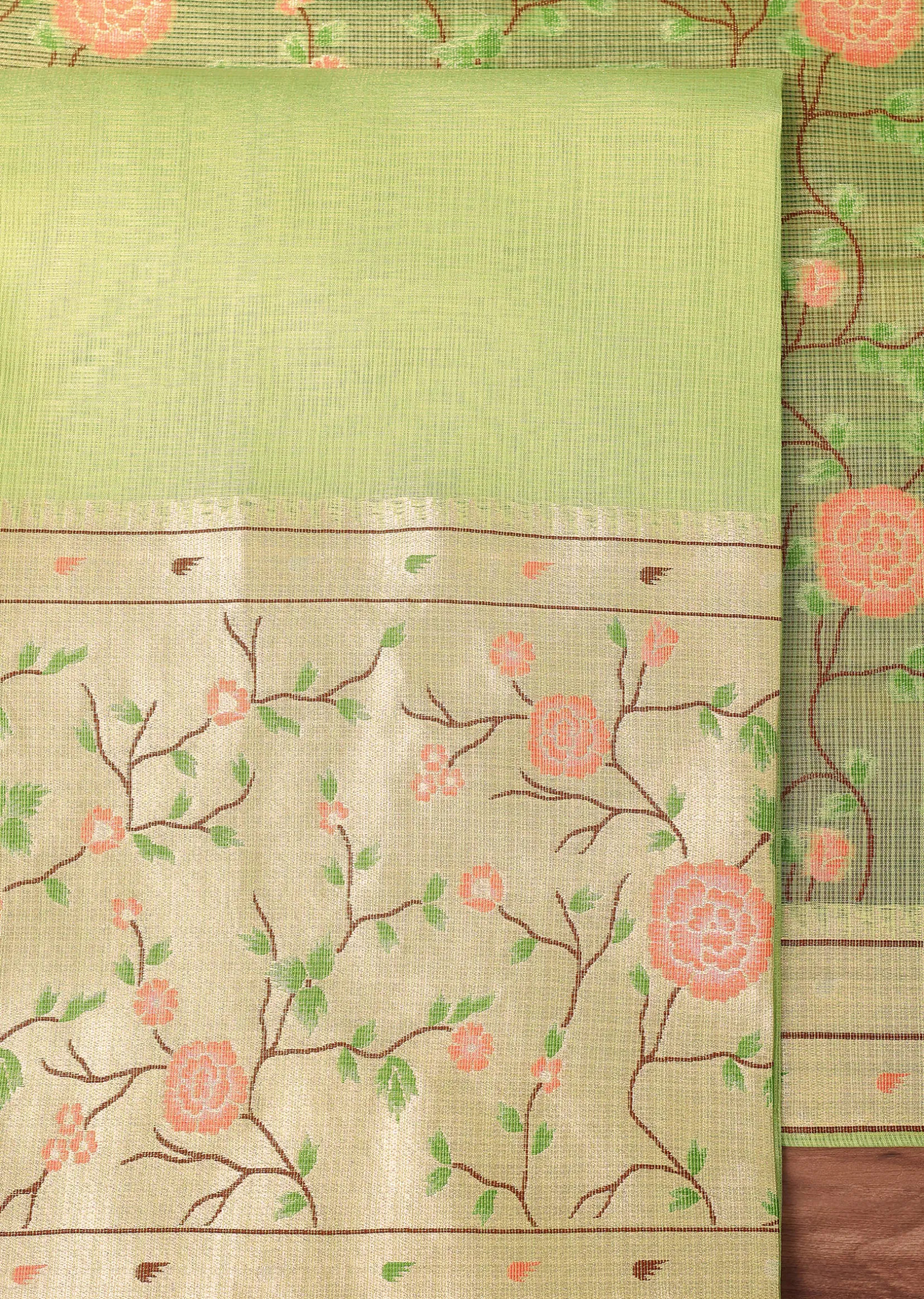 Parrot Green Paithani Silk Dress Material