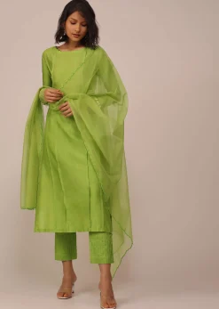 Parrot Green Suit Set In Art Silk With Tassels On The Sleeves