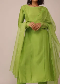 Parrot Green Suit Set In Art Silk With Tassels On The Sleeves