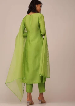 Parrot Green Suit Set In Art Silk With Tassels On The Sleeves