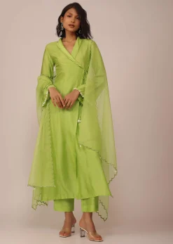 Parrot Green Suit Set In Art Silk With Tassels On The Sleeves And Dupatta