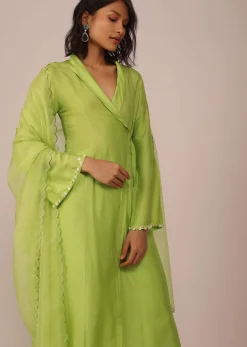Parrot Green Suit Set In Art Silk With Tassels On The Sleeves And Dupatta