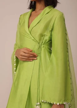 Parrot Green Suit Set In Art Silk With Tassels On The Sleeves And Dupatta