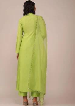 Parrot Green Suit Set In Art Silk With Tassels On The Sleeves And Dupatta