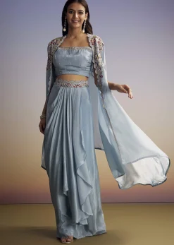 Pastel Blue Crop Top Skirt Set With Embroidered Cape Overlay