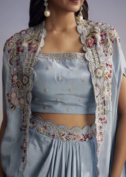 Pastel Blue Crop Top Skirt Set With Embroidered Cape Overlay