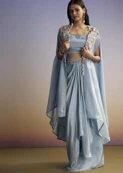 Pastel Blue Crop Top Skirt Set With Embroidered Cape Overlay