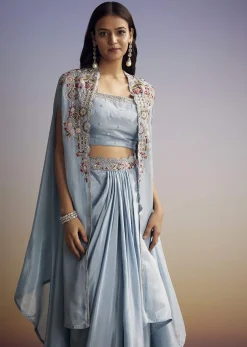 Pastel Blue Crop Top Skirt Set With Embroidered Cape Overlay