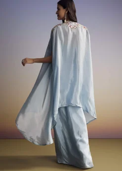 Pastel Blue Crop Top Skirt Set With Embroidered Cape Overlay