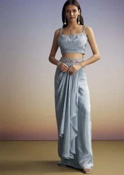 Pastel Blue Crop Top Skirt Set With Embroidered Cape Overlay