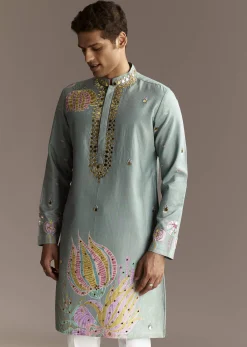 Pastel Blue Kurta Set With Mirror Embroidery