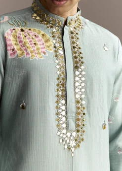 Pastel Blue Kurta Set With Mirror Embroidery