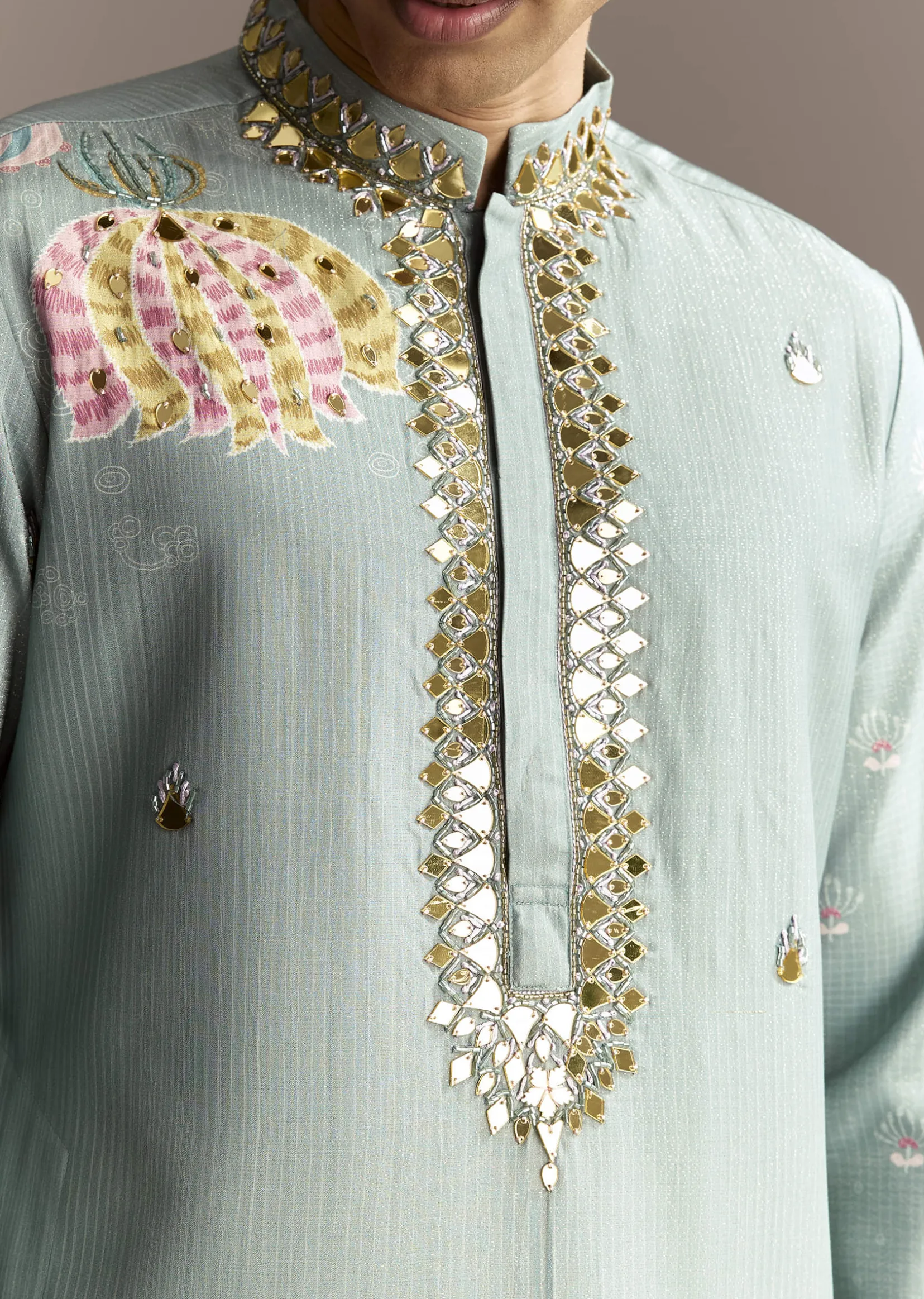 Pastel Blue Kurta Set With Mirror Embroidery