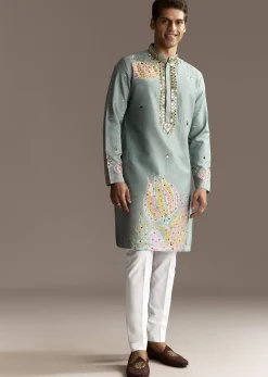 Pastel Blue Kurta Set With Mirror Embroidery