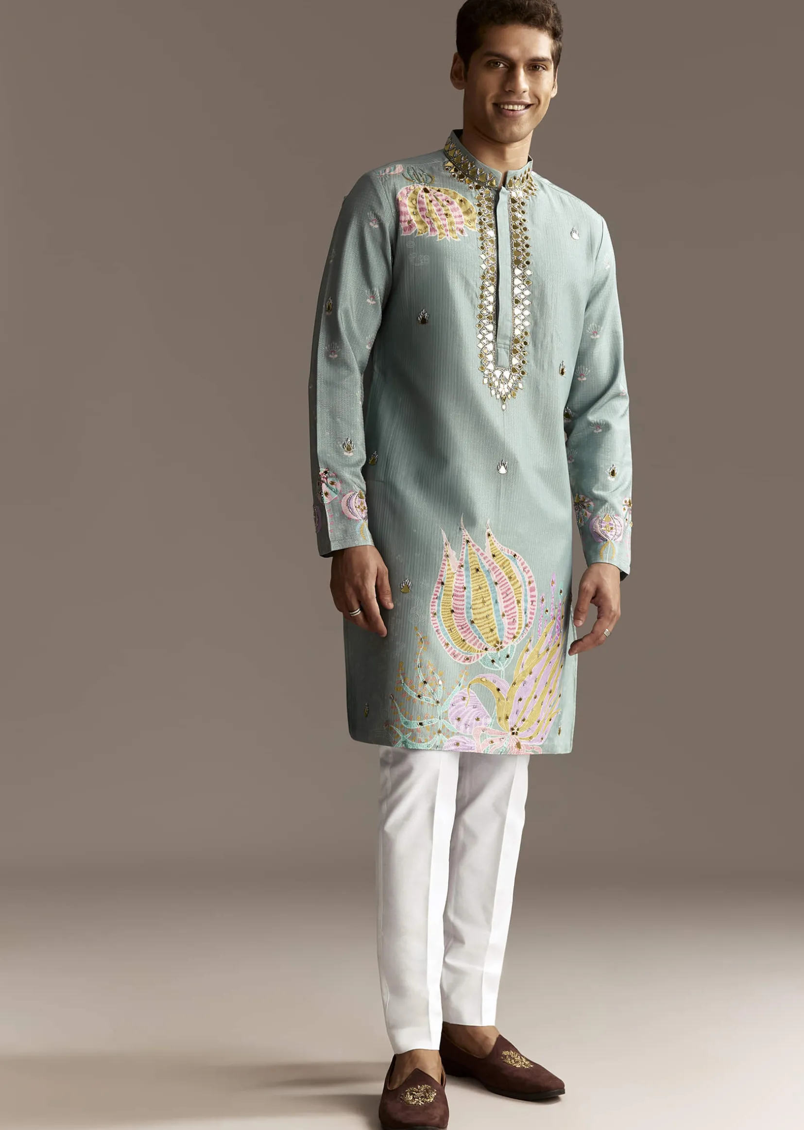 Pastel Blue Kurta Set With Mirror Embroidery