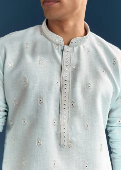 Pastel Blue Silk Kurta Set For Men With Mirror Work