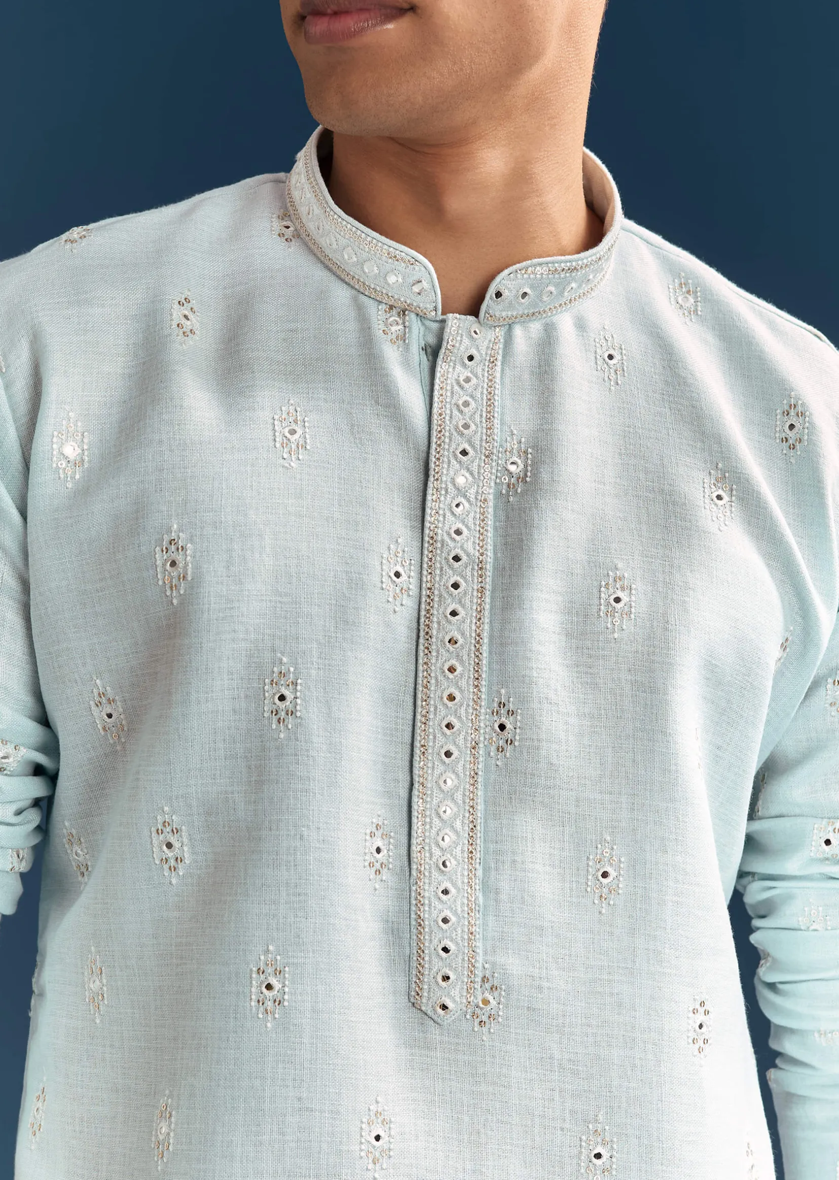 Pastel Blue Silk Kurta Set For Men With Mirror Work