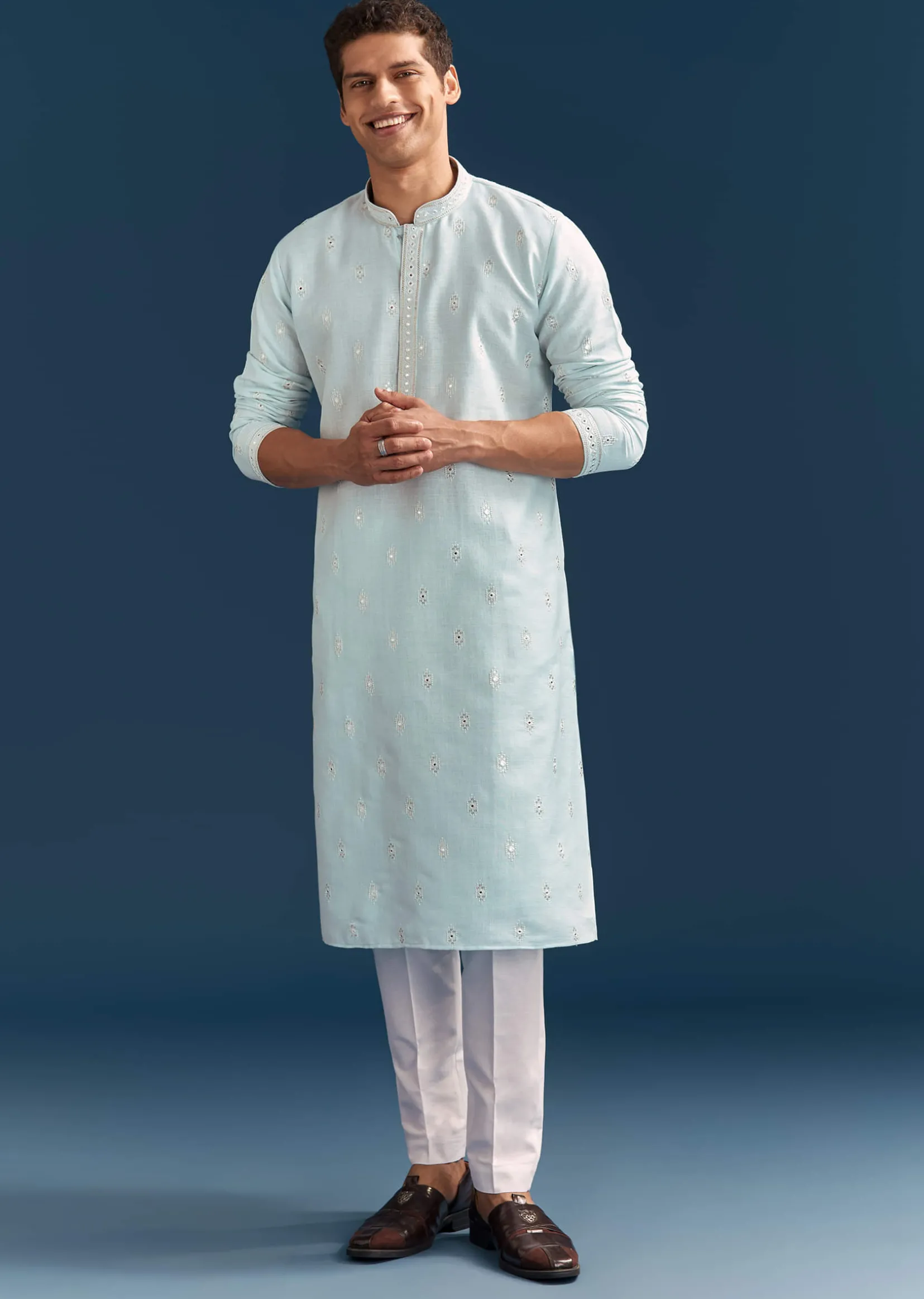 Pastel Blue Silk Kurta Set For Men With Mirror Work