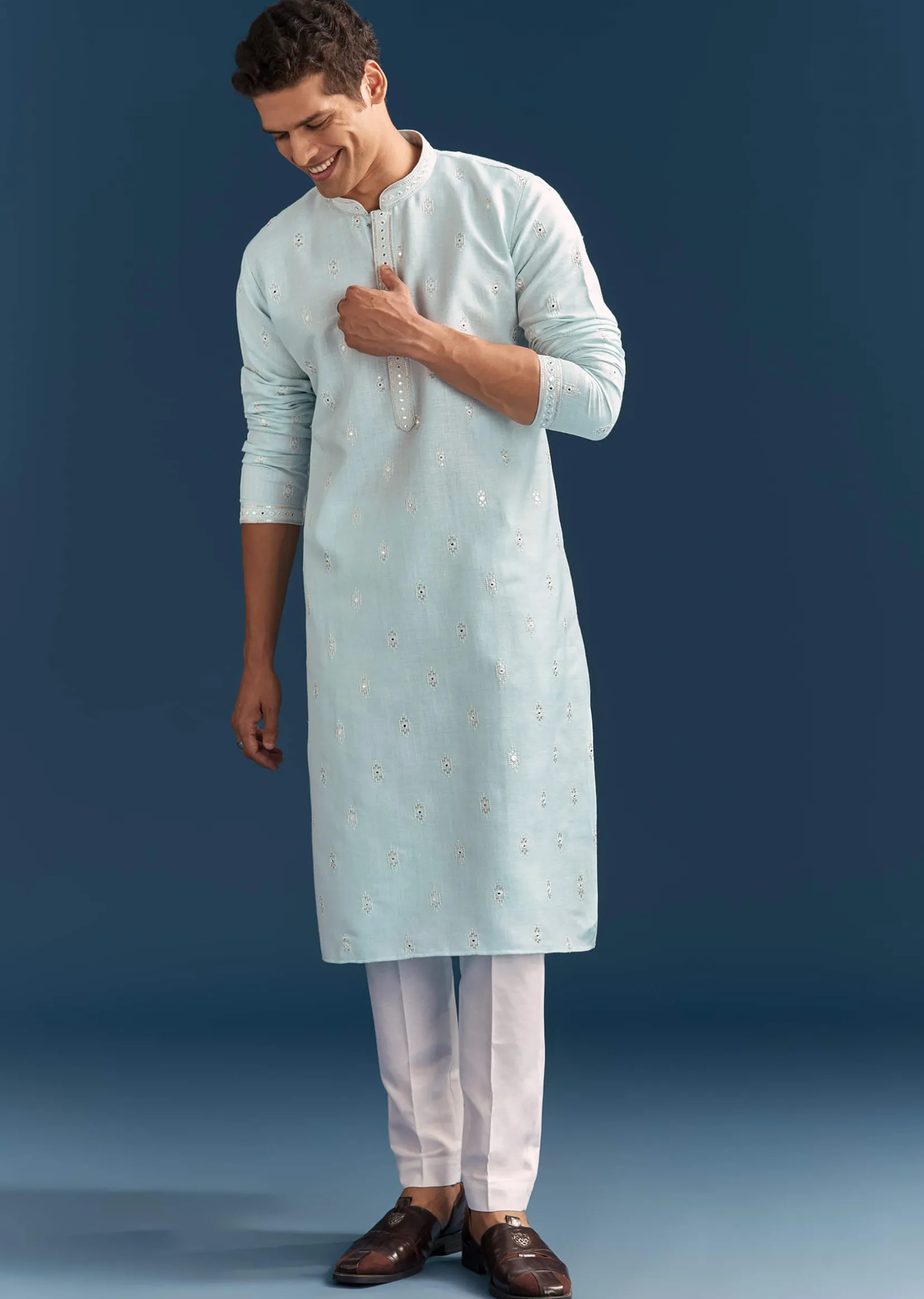 Pastel Blue Silk Kurta Set For Men With Mirror Work
