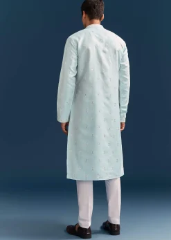 Pastel Blue Silk Kurta Set For Men With Mirror Work