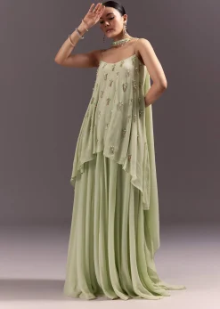 Pastel Green Chinon Embroidered Kurti With Flared Pant Set