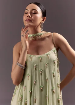 Pastel Green Chinon Embroidered Kurti With Flared Pant Set