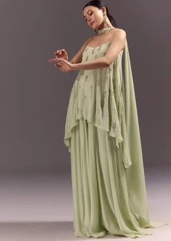 Pastel Green Chinon Embroidered Kurti With Flared Pant Set