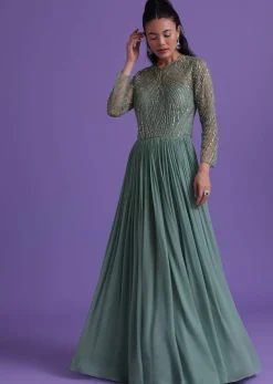 Pastel Green Gown In Georgette With Cut Dana Embroidery