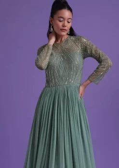 Pastel Green Gown In Georgette With Cut Dana Embroidery