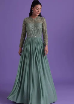 Pastel Green Gown In Georgette With Cut Dana Embroidery